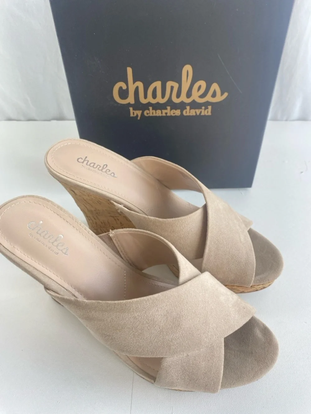 Charles David Latrice Nude crisscross microsuede cork wedge platform size 9.5